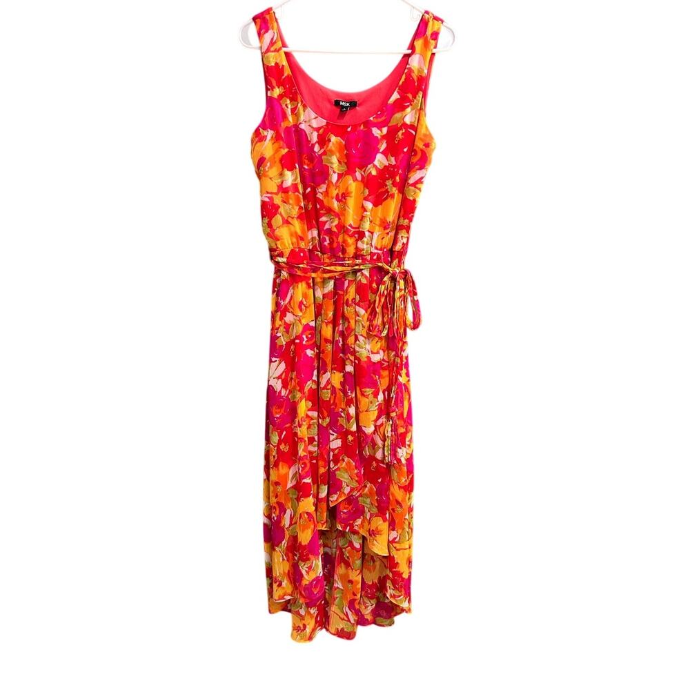 MSK Vibrant Multicolor Shift Dress Belted Orange Pink Floral Boho Casual
